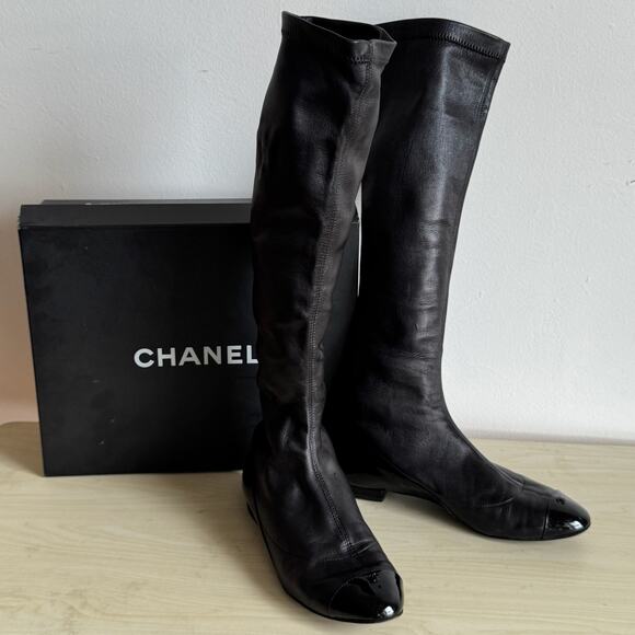CHANEL Lambskin Leather Knee High  Cap Toe Riding Boots (box + dustbag) - Picture 1 of 16